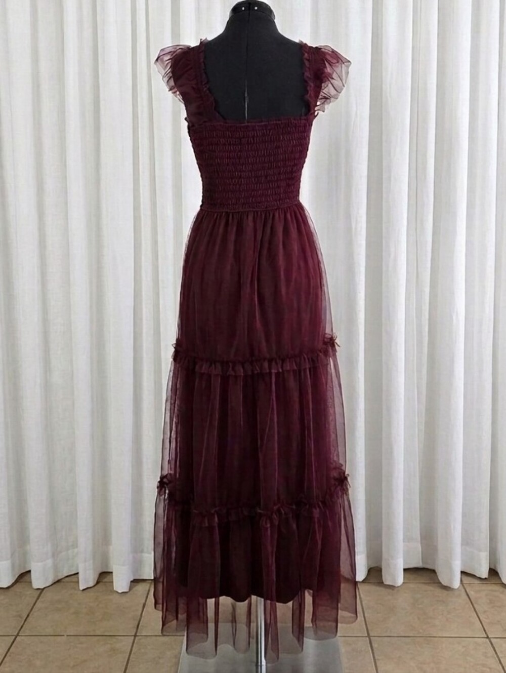 Altar'd State Wine Colored Tulle Maxi Dress with Ruffle Sleeves - Picture 5 of 5